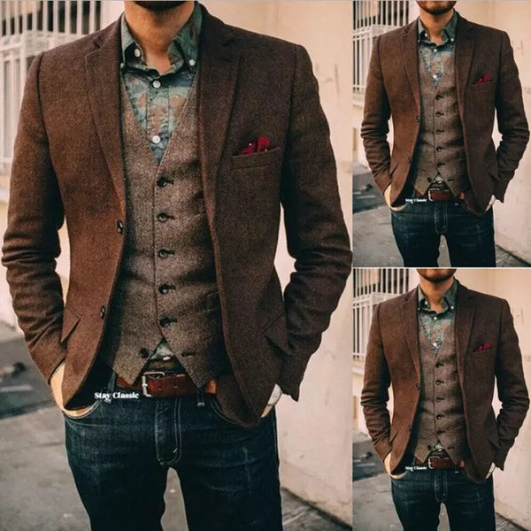 S-6XL Men's Suit Blazer Prom Tuxedos Wool Tweed Jacket